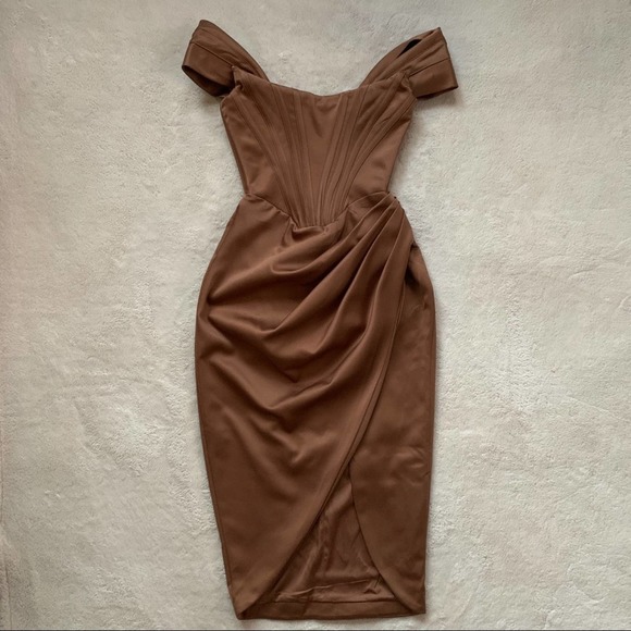 House of CB Dresses House Of Cb Loretta Brown Toffee Satin Off